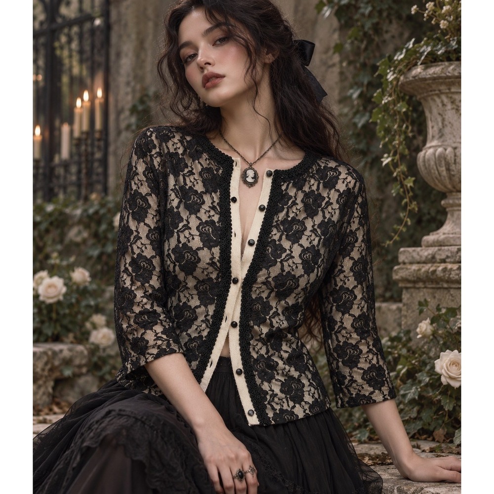 anthropologie Odille Y2K Black Floral Lace Overlay Cardigan Ivory Cotton M